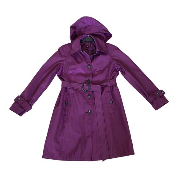 Gallery Trench Coat Rain Hoodie Mac Purple‎ Size M  Button Tie Waist Belt Pocket - Picture 1 of 13